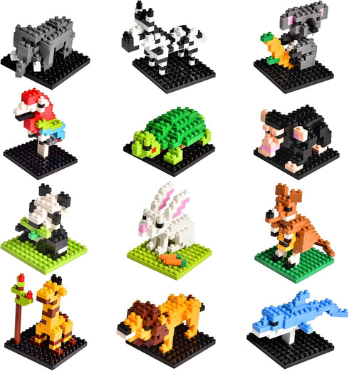 FUN LITTLE TOYS Mini Animals Building Blocks Sets, 12 Pack Party Favor for Kids