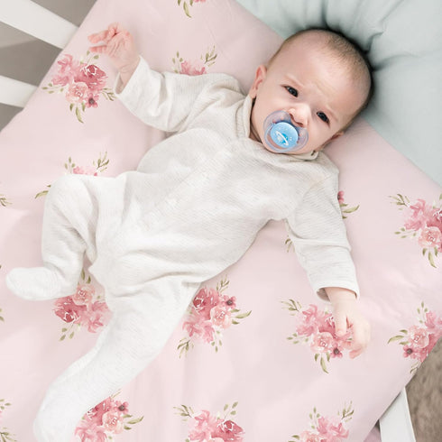 47"x24", 3 Pack Nap Mat Sheet Pink Floral Baby Crib Sheets Fitted Elastic Corners, Preschool Day Care Rest Mat Cover