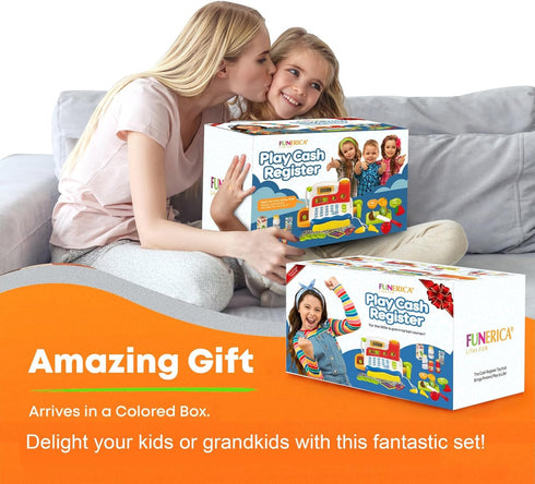 FUNERICA Toy Cash Register with Scanner, Microphone, Interactive Calculator, Grocery Food, Pretend Play Money