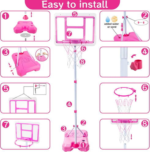 Kids Basketball Hoop with Stand, Adjustable Height 3.5FT-6.2FT, Indoor Outdoor Toys for Girls Age 3-8 (Pink)