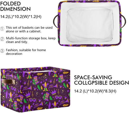 Mardi Gras Carnival Storage Basket, Collapsible Cube Organizer Bag with Handle for Baby Cloth, Pet Toy
