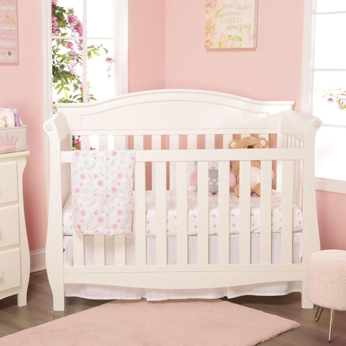 EVERYDAY KIDS 2 Pack Fitted Girls Crib Sheet 28in x 52in - 100% Soft Breathable Microfiber, White and Pink with Flowers