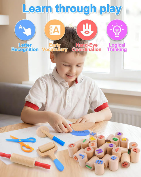 26 36 Wooden Dough Tools Kit for Kids, Dough Accessories with Rolling Pins, Pizza Cutter, Safety Scissors & Letter