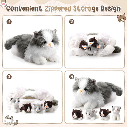 5 17.75 Inches Mommy 4 Set HyDren Pcs Realistic Ragdoll Cat Stuffed Animal, Large Ragdoll Cat Plush with Cute Babies