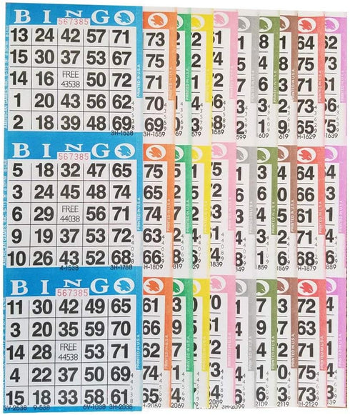 Bingo Paper Game Cards - 3 Card, 10 Bingo Sheets, 100 Books, 10 Colors, Made in USA