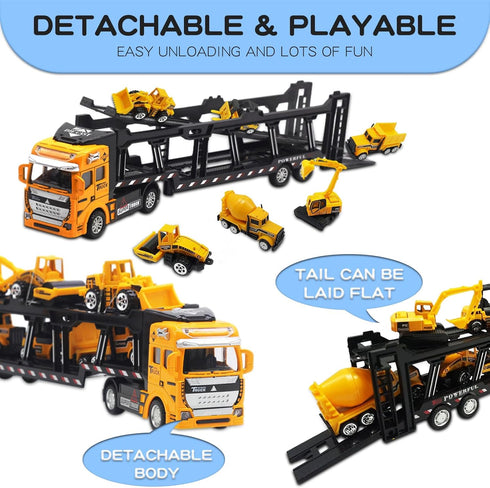 Set Pack 7 OTONOPI Car Transport Truck Toy Construction Diecast Cars Play Vehicle Carrier Trailer Truck with Mini Crane