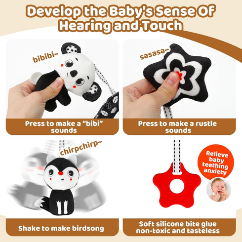 0-6,6-12Months Black and White High Contrast Baby Toys - Sensory Infant Hanging Carseat & Stroller Toy for Newborns
