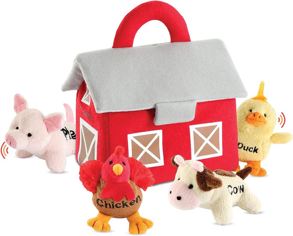 Bundaloo Plush Farm Animal Toys, Play Set with Realistic Sounds and Barn Carrier