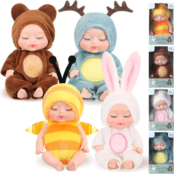 Hanaive 4 Pcs 4 Inch Mini Baby Dolls with Animal Clothes, Cute Tiny Babies Gifts for Kids Birthday (Cute Style)