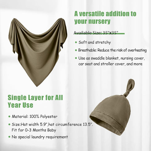 Set 35"*35"(Olive) Newborn Swaddle Blanket with Hat Beanie Newborn Photography Wraps Hospital Receiving Blankets
