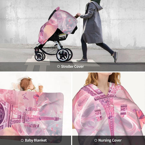 CQMZJHU Pink Eiffel Tower Romantic Paris Butterfly Baby Car Seat, Rain Shelter, Multifunctional Nursing Cover