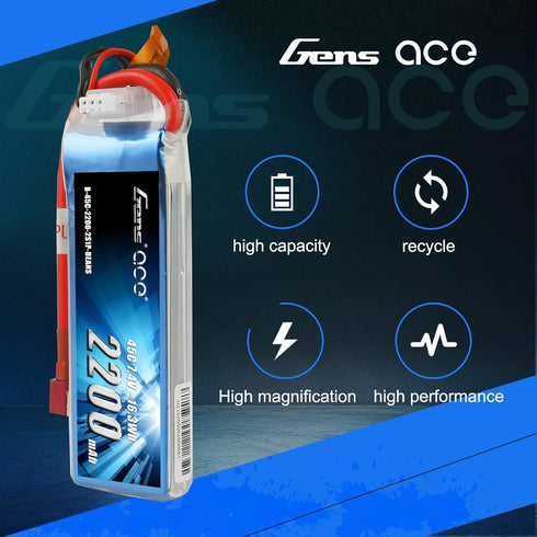 Gens ace 7.4V 2200mAh 2S 45C Pack 70MM 450 LiPo Battery Deans Plug for EDF Rc Plane Helicopter Rc Boat