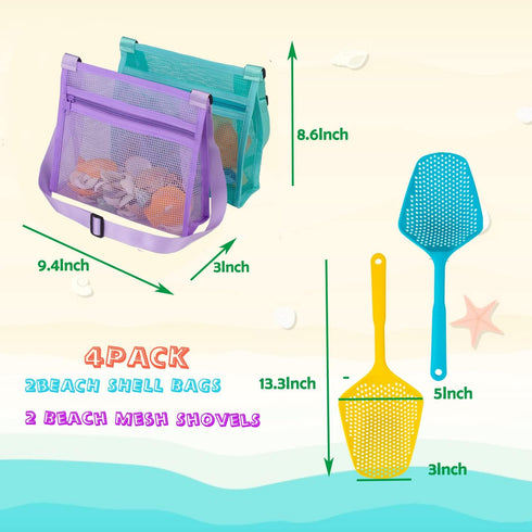 MUYIZI Beach Mesh Shovel with Mesh Shell Bags Kids Filter Sand Scooper for Picking Up Shells Shark Tooth Sifter Dipper
