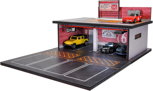 1/64 Scale Parking Garage Scene Model - 2 Layers Hot Wheels Display Case with LED Light for 11 Diecast Cars, Red