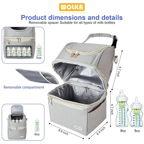 6 9 Wolka Breast Milk Cooler Travel Bag - Baby Bottle Cooler Bag for Nursing Moms Daycare with Double Compartments