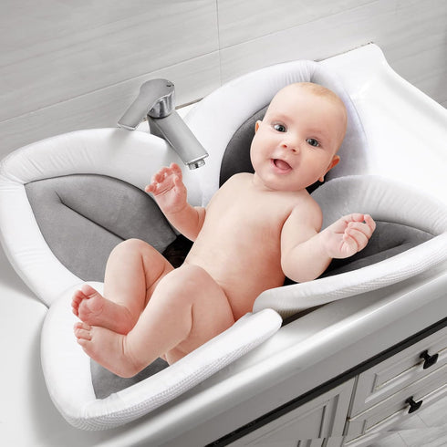 PandaEar Baby Bath Pad for Infant Newborn, Soft Flower Petals for Sink Bathtub Essentials (Grey)