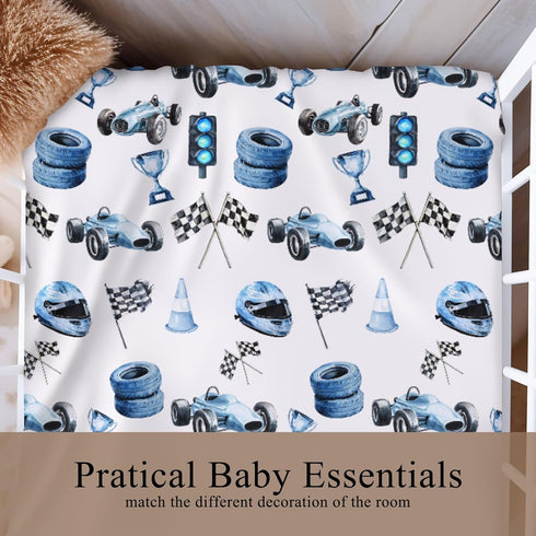 Wicbfdfv 28x52 Inch Cute Race Car Flag Baby Crib Sheets for Boy Girl Breathable Blue Races Vehicle Trophy Traffic Light