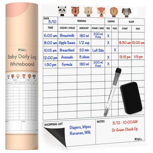 Mewl Baby Daily Log Whiteboard - Reusable Tracker for Feeding, Diapers & Sleep - Newborn Journal & Schedule Chart