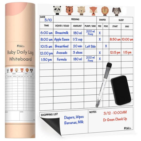 Mewl Baby Daily Log Whiteboard - Reusable Tracker for Feeding, Diapers & Sleep - Newborn Journal & Schedule Chart