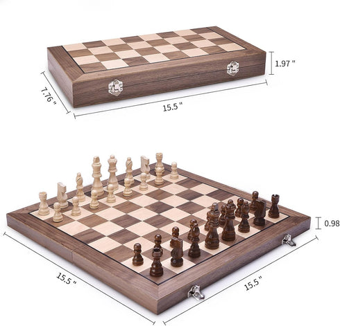 15 Inches Set 2 AMEROUS Magnetic Wooden Chess with Extra Queens/Folding Board/Chess Pieces Storage Slots/Instructions