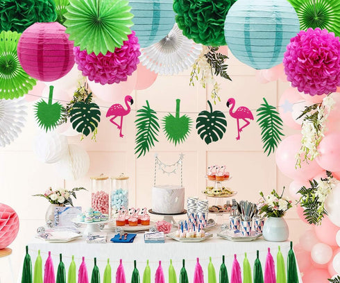 ADLKGG Tropical Flamingo Palm Leaf Banner, Party Decorations with Hanging Paper Fans, Lanterns, and Tissue Tassels
