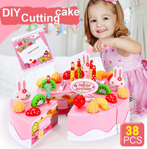 38 PCS DIY Cutting Birthday Party Cake Toy Set - Pretend Play Kitchen Food Toys, Pink/Blue Cut Cake Toys for Girls Boys