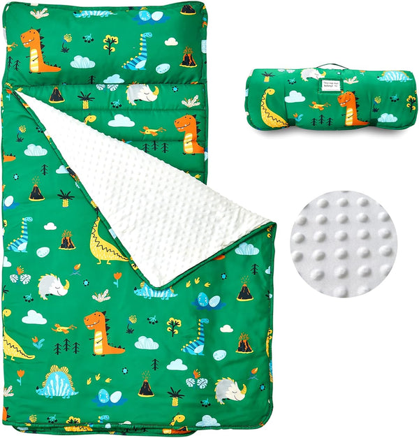 beeweed Toddler Nap Mat, Rollup Kid Sleeping Mat with Removable Pillow & Minky Blanket for Daycare Travel