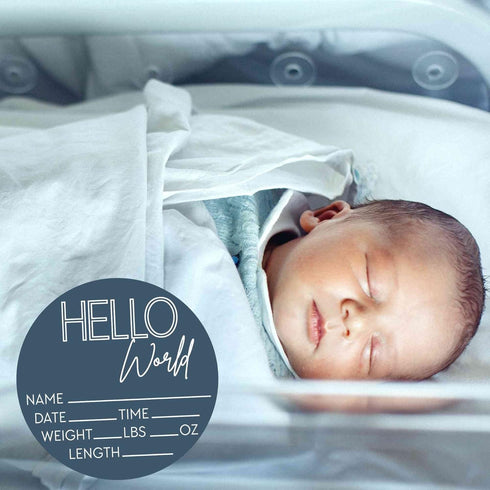 Hello World Newborn Sign - Baby Name Birth Announcement Plaque for Hospital - Photo Prop - Blue Nursery Decor - Shower