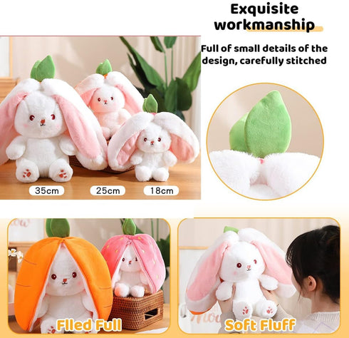 2PCS Reversible Plush Toy Pillow, Cute Carrot Strawberry Bunny Plush with Zipper, 7" Birthday Gift for Kids
