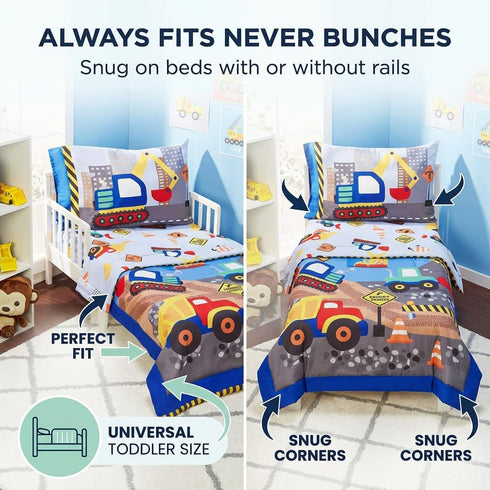 4 Set EVERYDAY KIDS Piece Toddler Bedding - Under Construction - Includes Comforter, Flat Sheet, Fitted Sheet