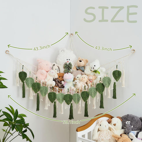 Hammock Pretty Jolly Stuffed Animal Storage with Hand Woven Leaf Tassels Corner Hanging Net Boho Macrame Plush Storage