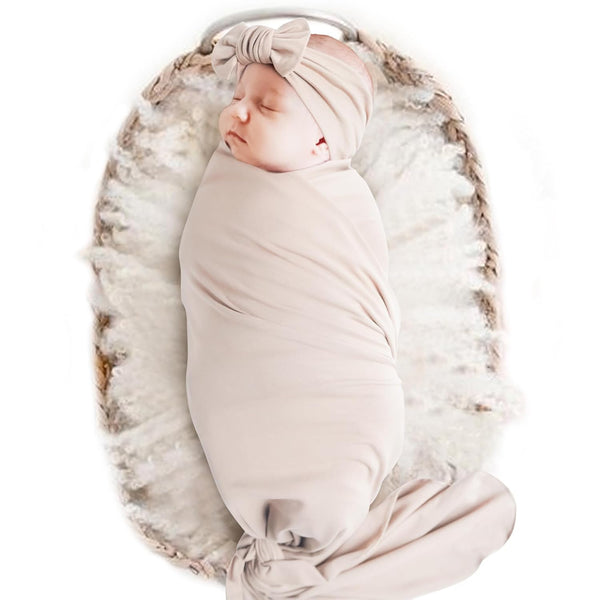 Konssy Baby Girl Newborn Receiving Blanket with Headband Set - Baby Swaddle Wrap (Oat)