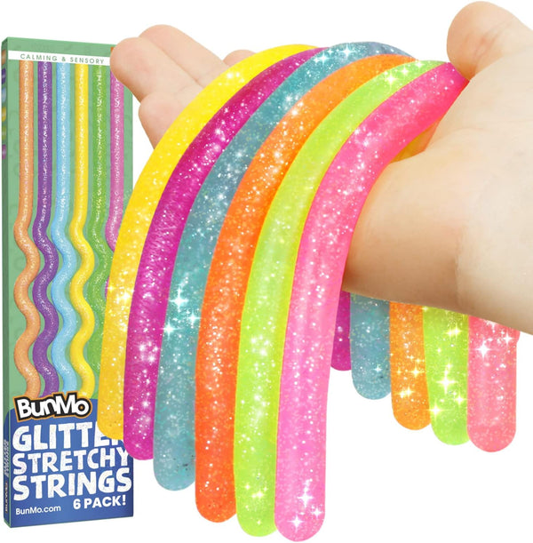 BUNMO Sensory Toys Stretchy Strings - Fidget Toys for Toddlers 3+, Glitter 6 Pack for Hours of Fun