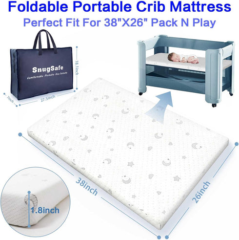 SnugSafe Pack (38"x26"x1.8"), Pack 1.8" and Play Mattress Pad Waterproof n Play Mattress Pad with Anti-Slip Bottom