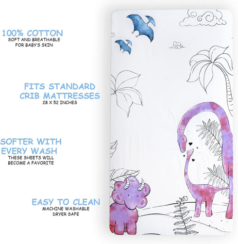 JumpOff Jo Fitted Crib Sheet, Super Soft 100% Cotton Baby Crib Sheet for Standard Mattresses, Pink Dinosaur
