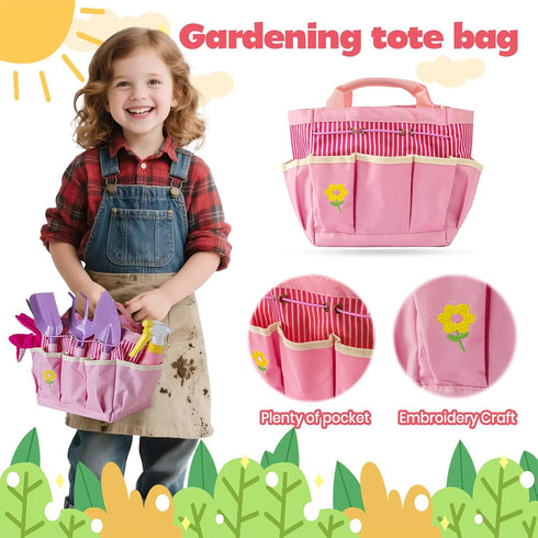 Set, Summer JOI MEW Kids Pink Gardening Tools Garden Toys w/Metal Rake, Shovel, Trowel, Watering Can, Gloves, Tote Bag