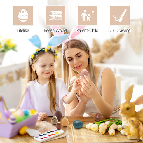 (12PCs) OESSUF Wooden Fake Eggs Easter Eggs Play Eggs for Toddlers Pretend Wood Egg Decor for Play Kitchen Artificial