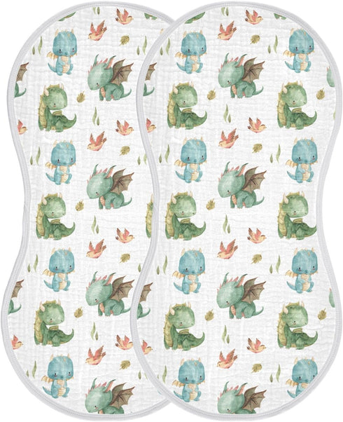 Burbuja Cute Dragon Muslin Baby Burp Cloths, Soft & Absorbent Cotton Rags for Newborn Boys & Girls, 2 Pack