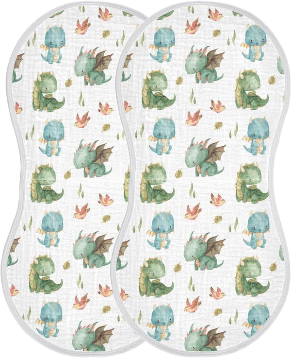 Burbuja Cute Dragon Muslin Baby Burp Cloths, Soft & Absorbent Cotton Rags for Newborn Boys & Girls, 2 Pack
