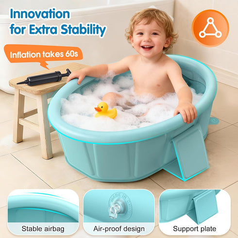 chumoasis 12M-6Y Baby Bathtub with Inflatable Top Edge, Extra Stable Infant Bath Tub, Collapsible & Portable for Baby