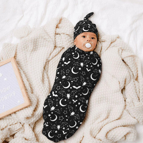 Goth Baby Stuff, Newborn Swaddle Blanket with Beanie Hat Set, Black Baby Receiving Blanket for Boys and Girls