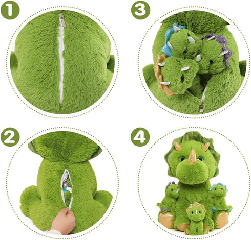Muiteiur Giant Triceratops Stuffed Animal with 3 Baby Dinosaurs - Green Plush Toy Gift for Kids, 24.5 inch