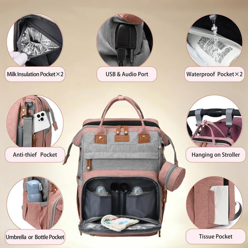 CESAILT Backpack, Backpack Diaper Bag Multifunction Travel Baby Bag, Waterproof Tote with USB Port, Pacifier Case