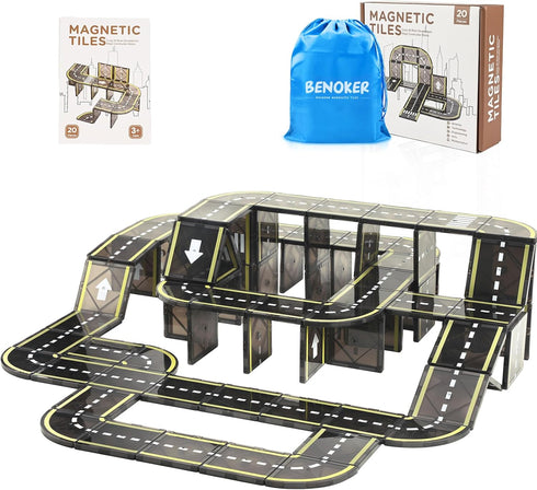 BENOKER Magnetic Tiles Road Set, STEM Magnet Building Blocks for Toddler Kids,