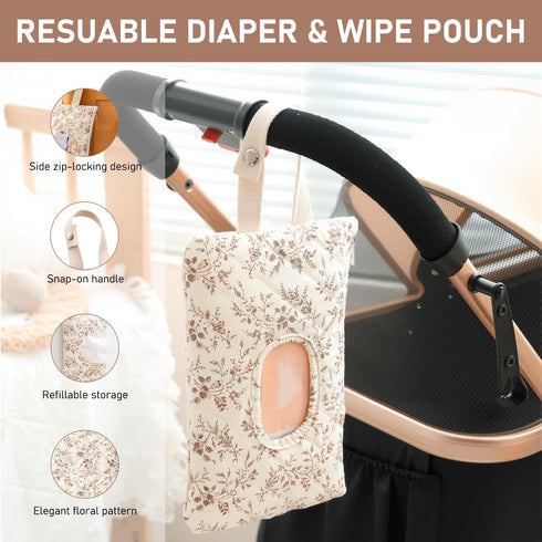Nmoiat Wipe Holder Floral Diaper and Wipes Pouch Portable Hanging Wipes Bag for Car, Resuable Wet Wipe Pouch for Travel