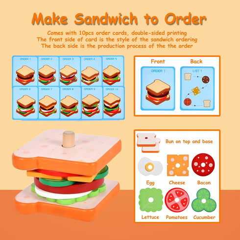 3 4 5 Wooden Sandwich Stacking Toys, Montessori Toys for Toddlers Kitchen Play Food Educational Preschool Learning Toys