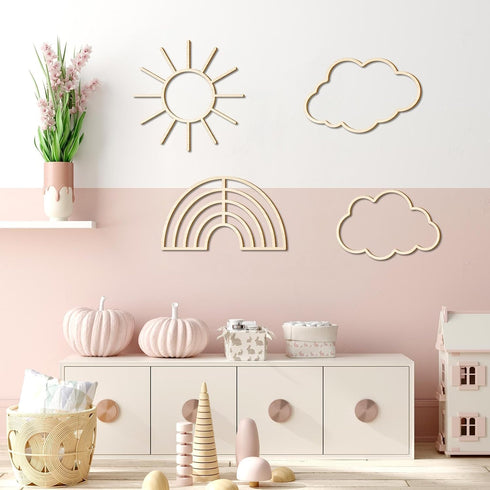 4 Pieces Boho Nursery Cloud Star Wall Decor Wooden Babyroom Moon Rattan Wall Decor Wooden Rainbow for Children Baby