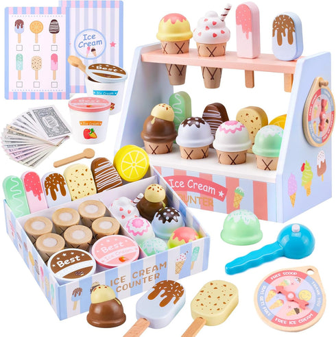 Set Counter Playset 3 4 5 6 Ehome Wooden Ice Cream Toys Pretend Play Food Store for Kids Serve Ice Cream Shop Kitchen