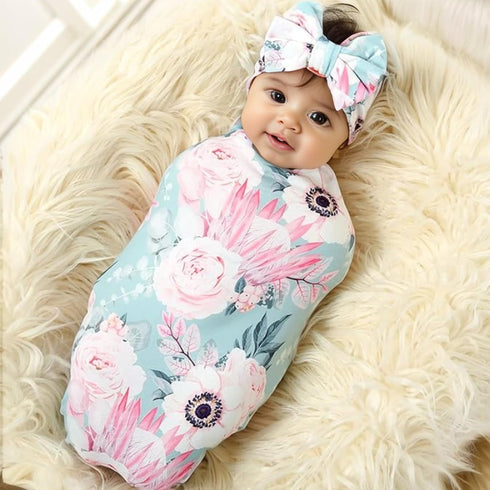 Galabloomer Newborn Receiving Blanket & Headband Set, Baby Flower Swaddle