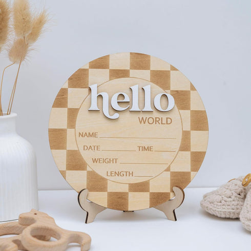 TTMerriwood Baby Announcement Sign 6.5 Inch Wooden Hello World Newborn Welcome Sign Birth